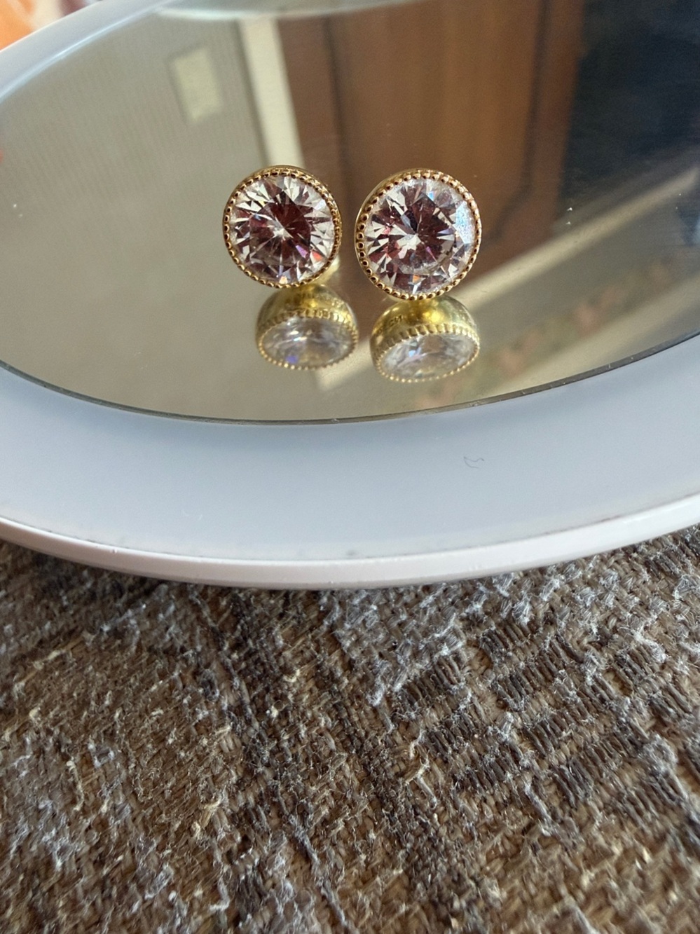 Gold over sterling CZ Stud Earrings -Women Jewelry ,new! Classic bezel style